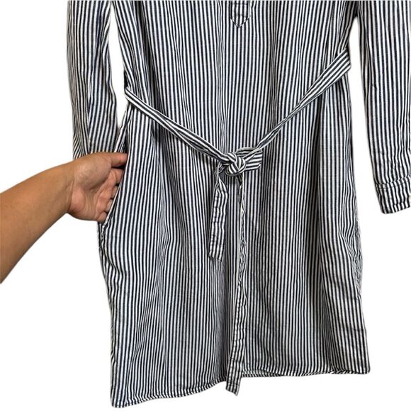 BODEN LINEN BLEND STRIPE BELTED LONG SLEEVE DENIM SHIRT DRESS WITH POCKETS 8L - Picture 3 of 7